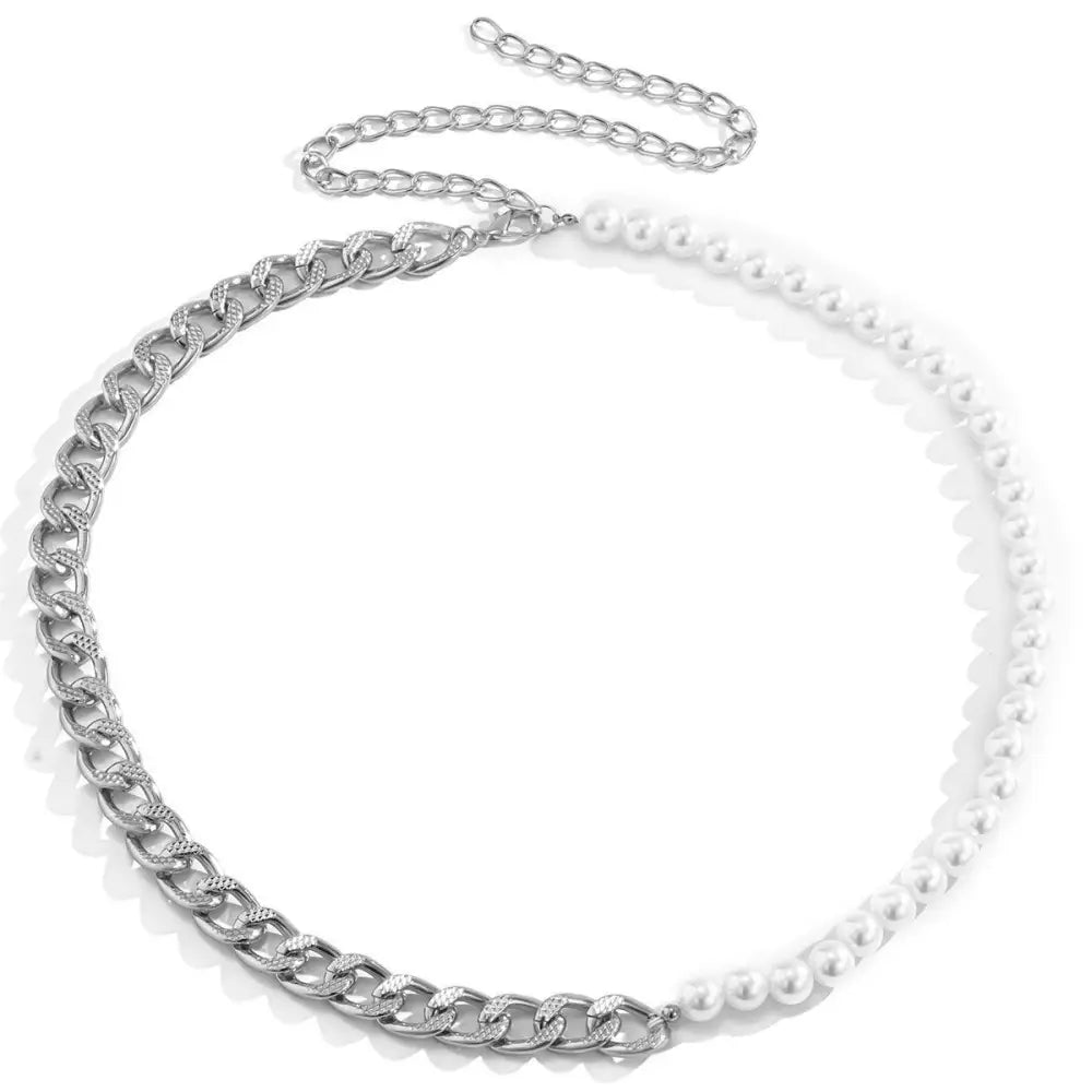 Silver chain belt and pearl necklace accessory for Faux Leather Dresses with Pearl Accents