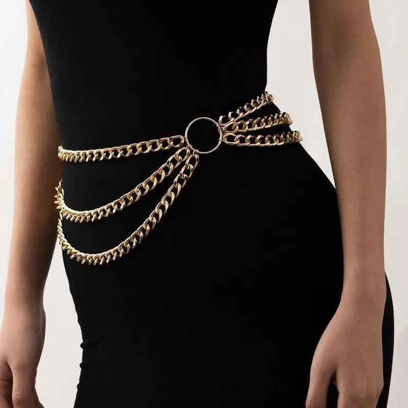 Silver and gold-toned layered women’s chain belt for Sadestris women featuring a gold chain belt