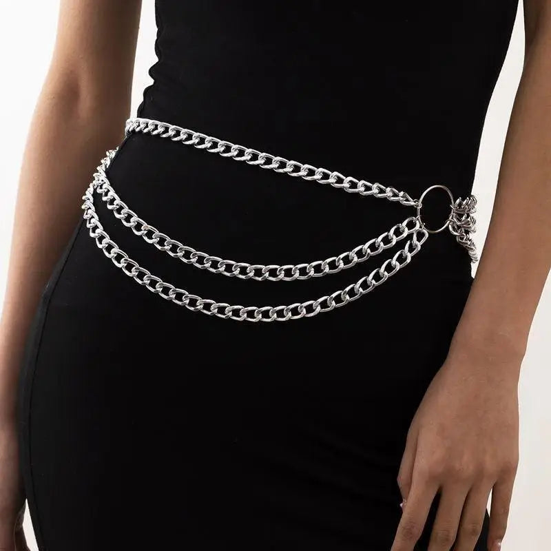 Silver and gold-toned layered women’s chain belt for Sadestris women showcasing elegant chain belt design