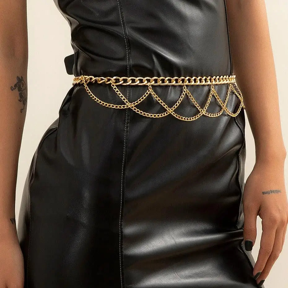 Pulledia Women’s Chain Belt in gold worn on black dress for personal style elegance