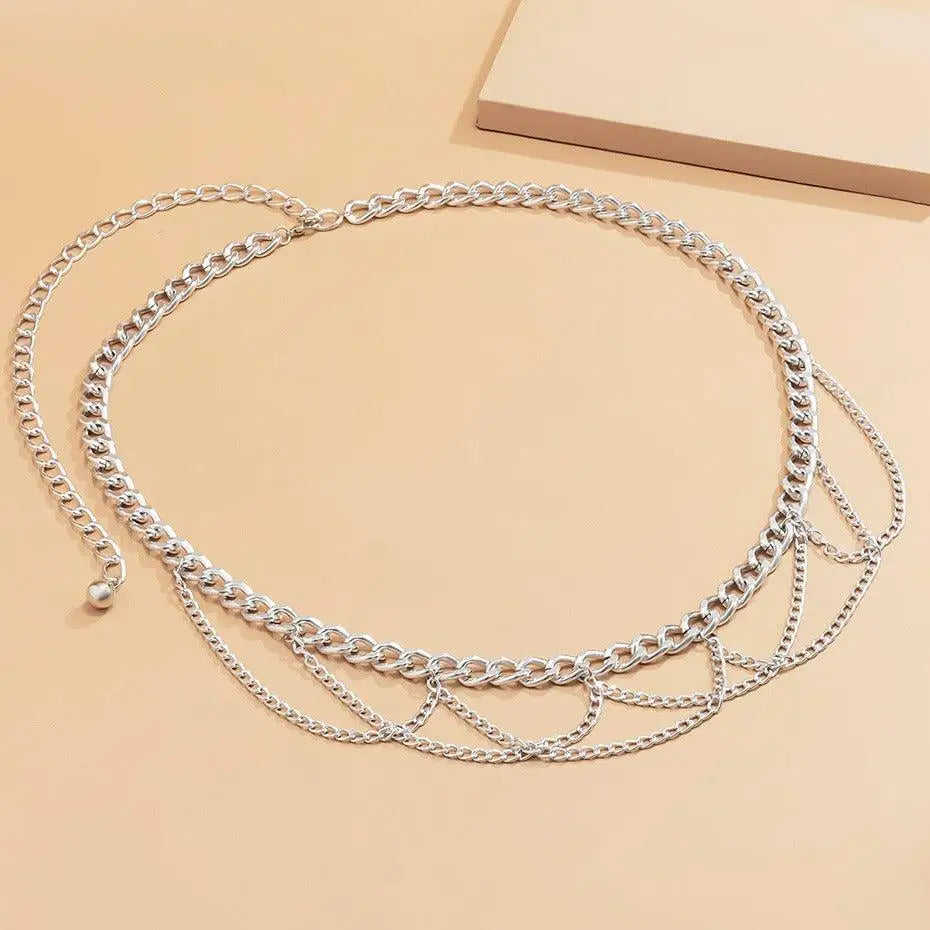 Silver Pulledia Women’s Chain Belt with Dangles for Stylish Personal Style