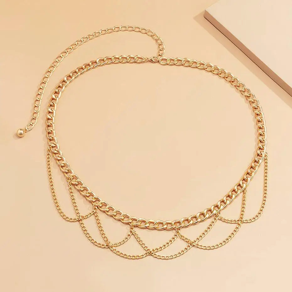 Pulledia women’s chain belt with dangling chains for personal style in gold and silver