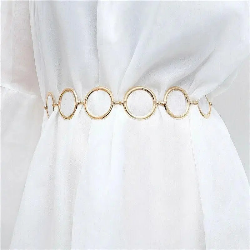 Gold circle chain belt accessory perfect for black dresses and stylish outfits