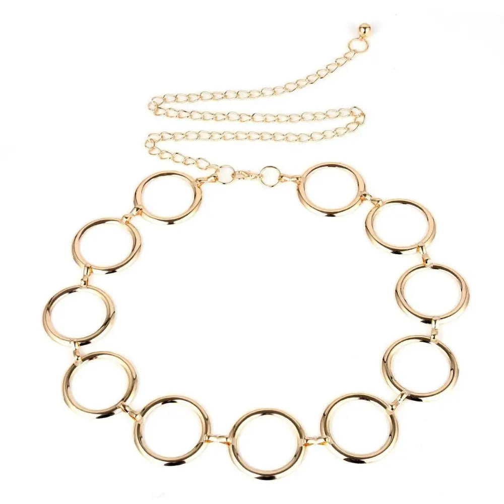 Gold-tone metal chain belt with circular links for black dresses, stylish chain belt accessory