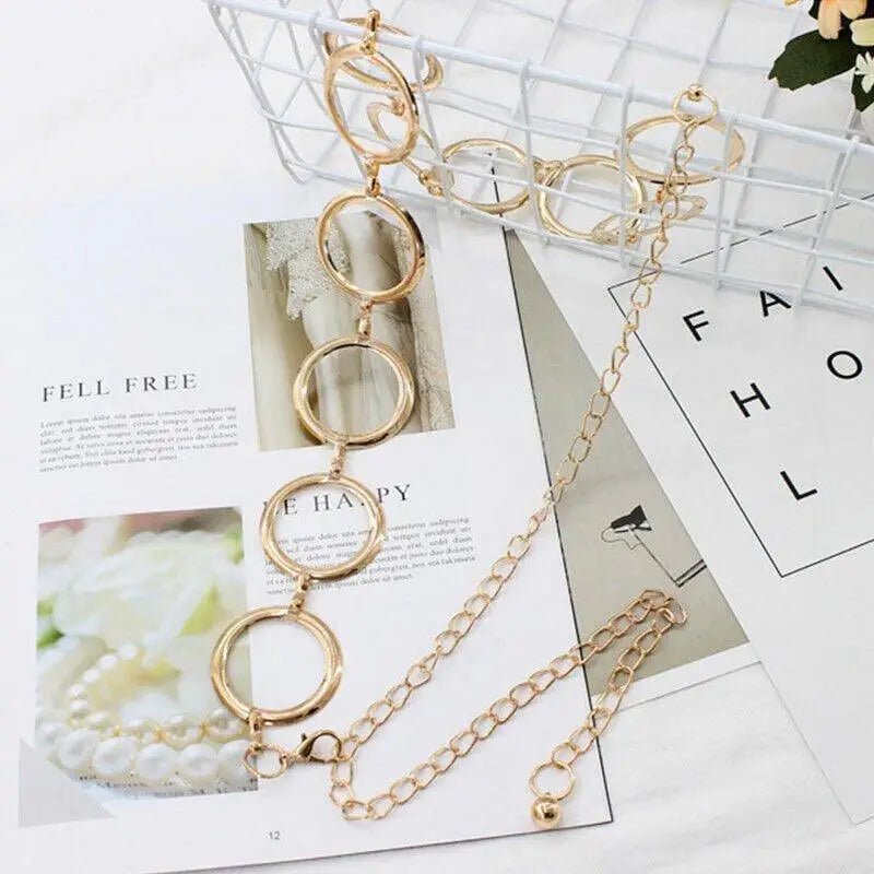 Gold-toned circle-linked chain belt for black dresses, stylish chain belt accessory
