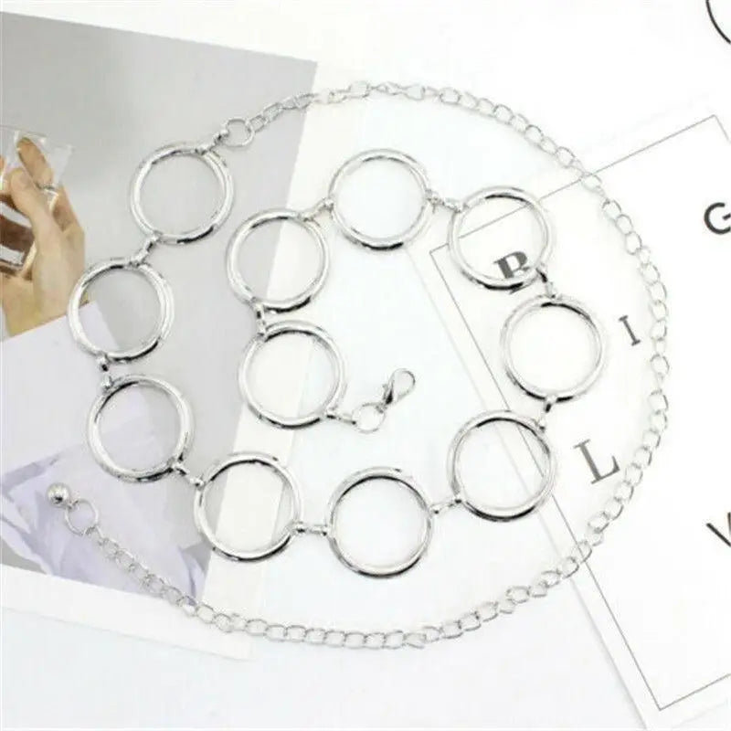 Silver chain belt with circular links, perfect accessory for Black Dresses