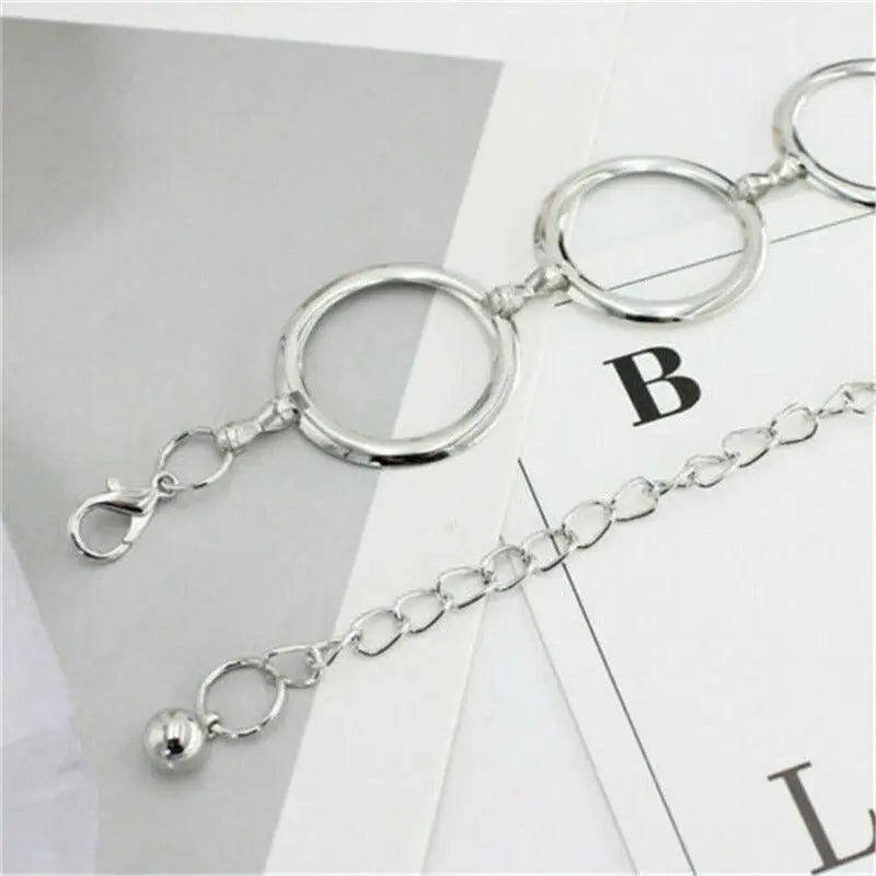 Silver-toned chain belt with circular links suitable for Gold Chain Belt for Black Dresses