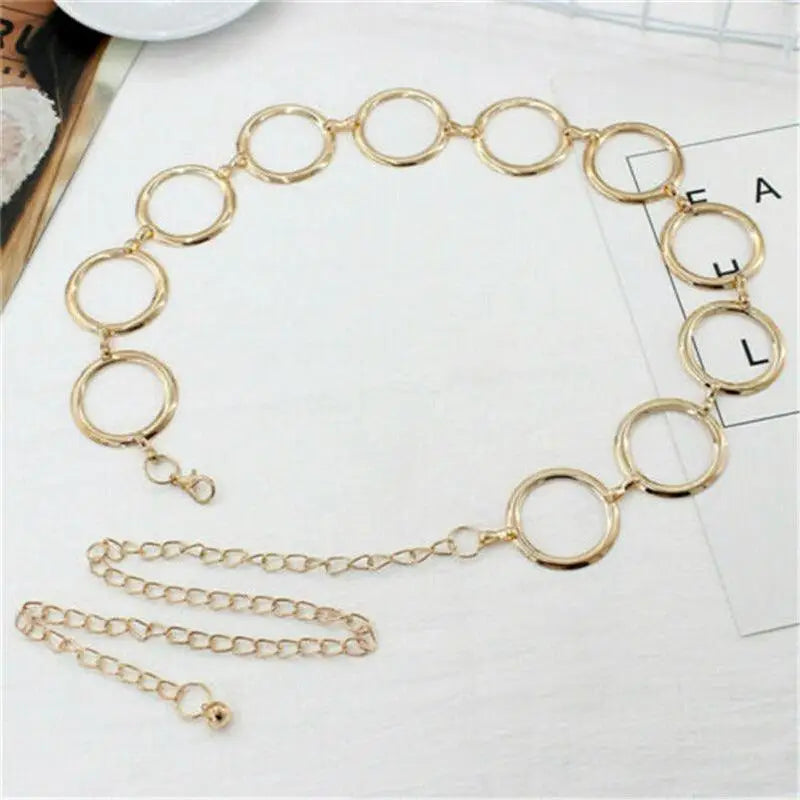 Gold-toned metal circle chain belt designed for black dresses, stylish chain belt accessory