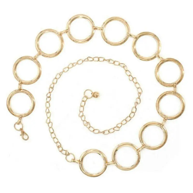 Gold-toned circle link chain belt for elegant Black Dresses fashion accessory