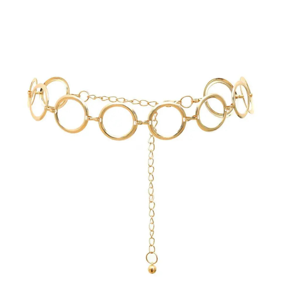Gold-colored chain belt with circular links designed for black dresses