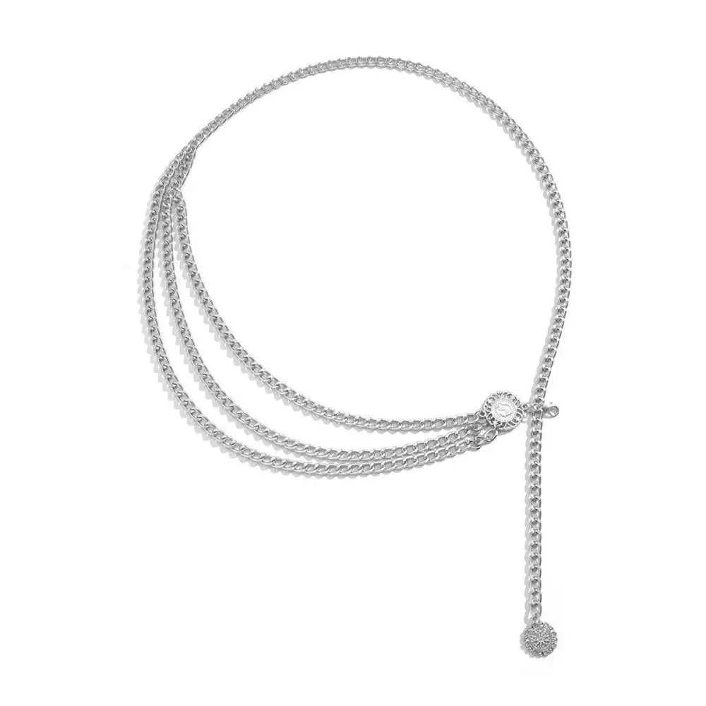 Silver-tone chain belt with dangling charm from Gold and Silver Chain Belts collection