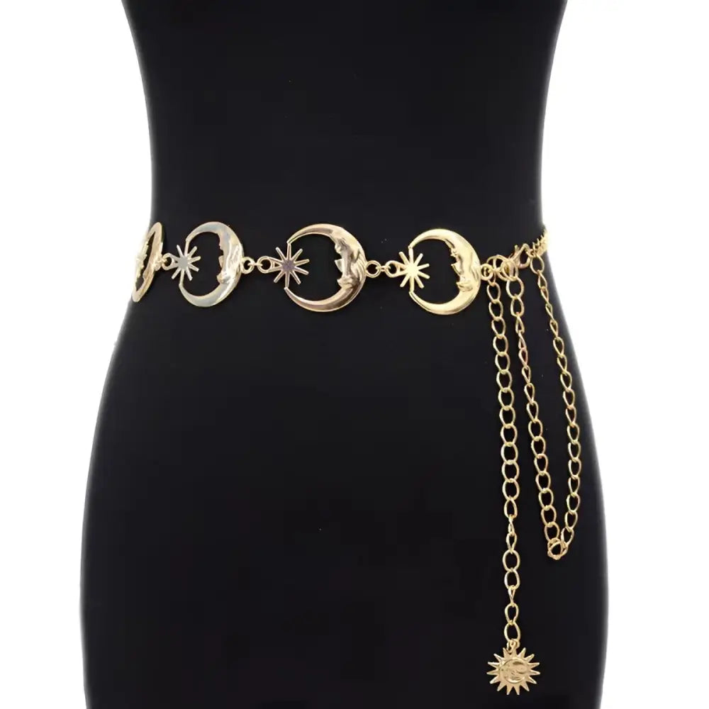 Gold-toned Moon and Star Zilya Chain Belt for Black Dresses display