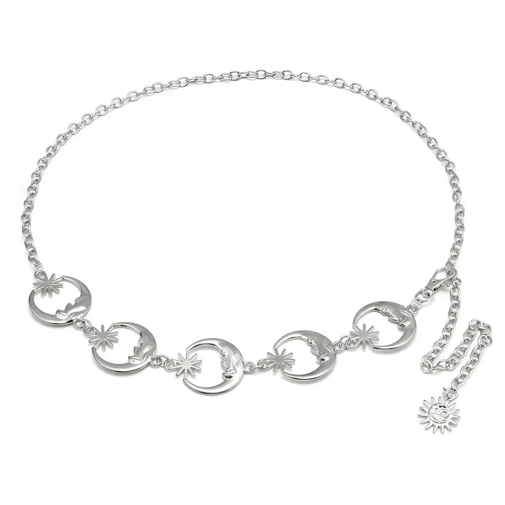 Silver moon and star Zilya chain belt for black dresses, stylish chain belt accessory