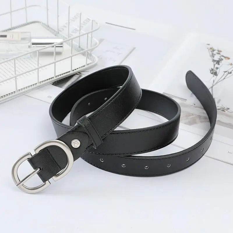 Jaellyn Belt with Silver Double-Circle Buckle in Black Leather for stylish accessories