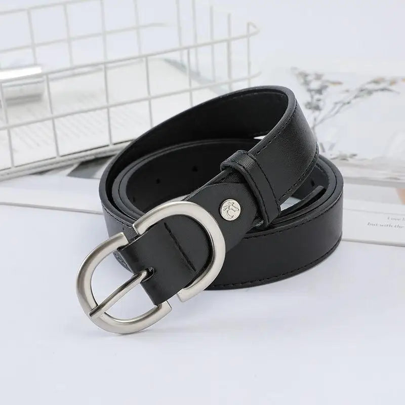 Jaellyn belt with black leather and silver double-circle buckle for stylish accessory