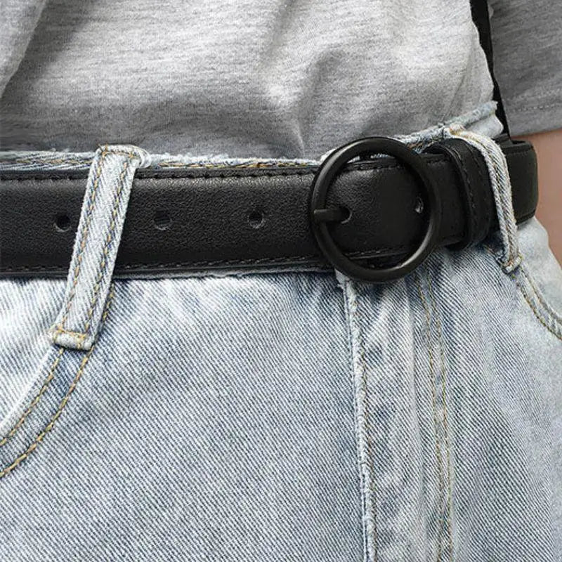 Black leather belt with round buckle for stylish and durable accessory