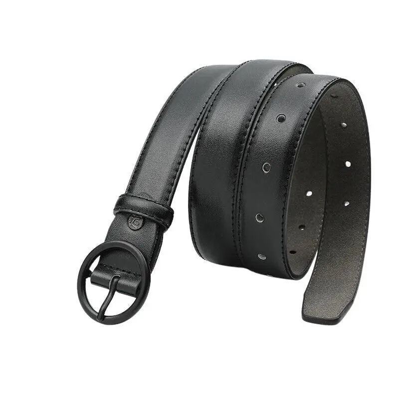 Black leather belt featuring a round buckle for stylish and durable accessory wear