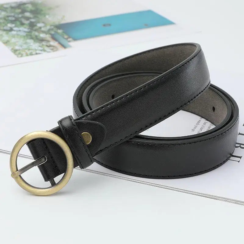 Black leather belt featuring a round gold buckle, ideal for stylish formal attire