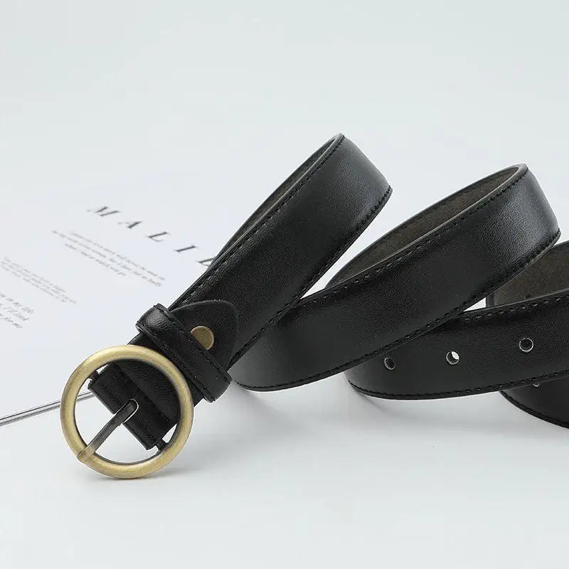 Black leather belt with a gold round buckle displayed in the product Black Leather Belt with Gold Round Buckle