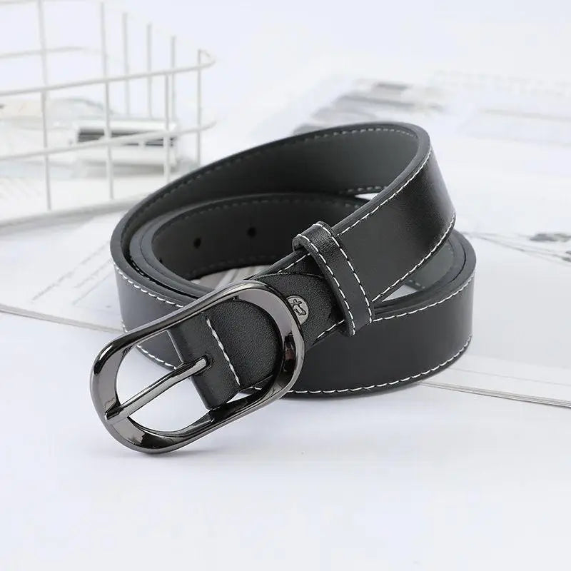 Black leather belt with white stitching and a silver buckle perfect for stylish wear