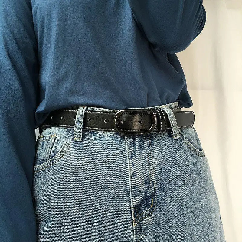 Black leather belt with silver oval buckle for men and women stylish accessory