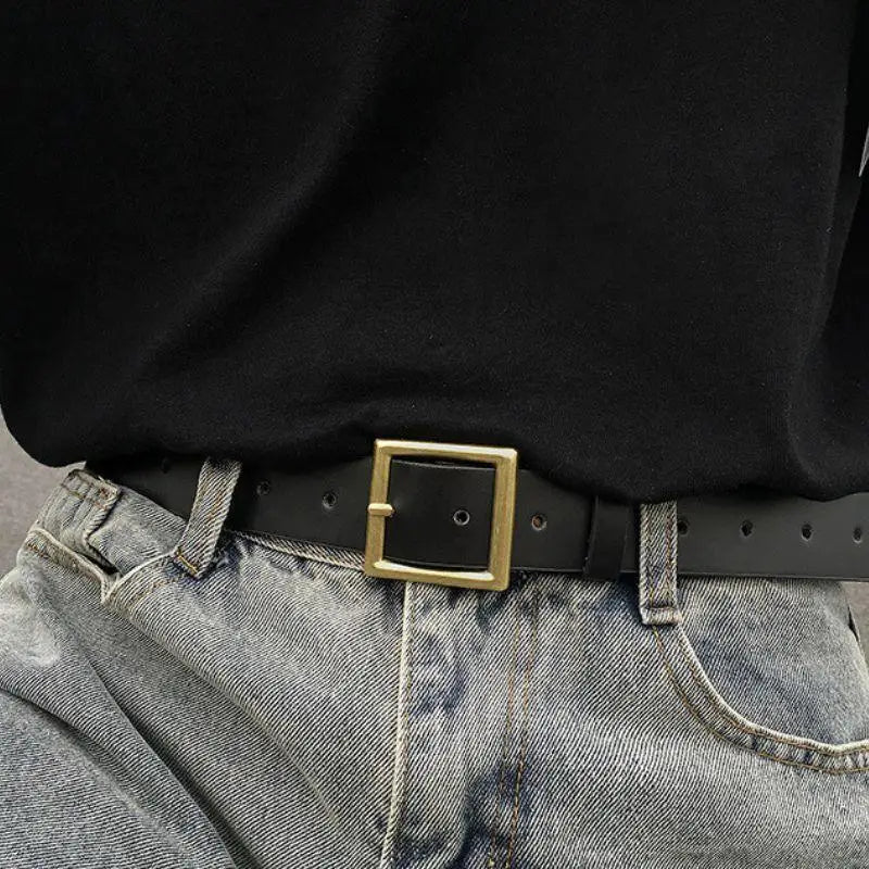 Daphne Belt Black Leather Belt with Square Gold Buckle for Men