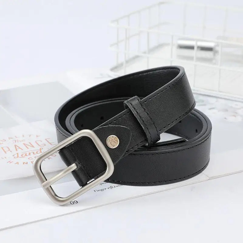Elsa Faux Vegan Belt with Silver Buckle showcasing a black leather strap for elegant style