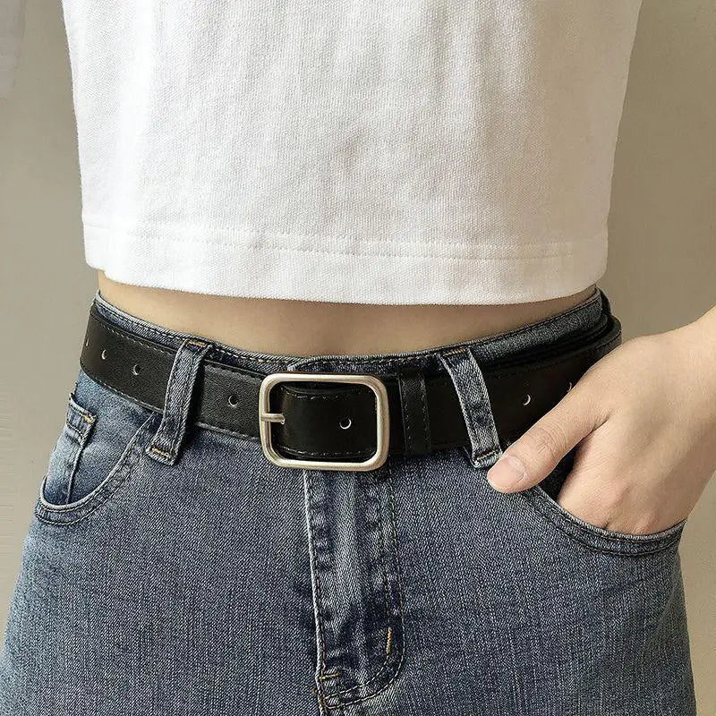 Elsa Faux Vegan Belt with Silver Buckle showcasing black faux vegan belt for elegant style