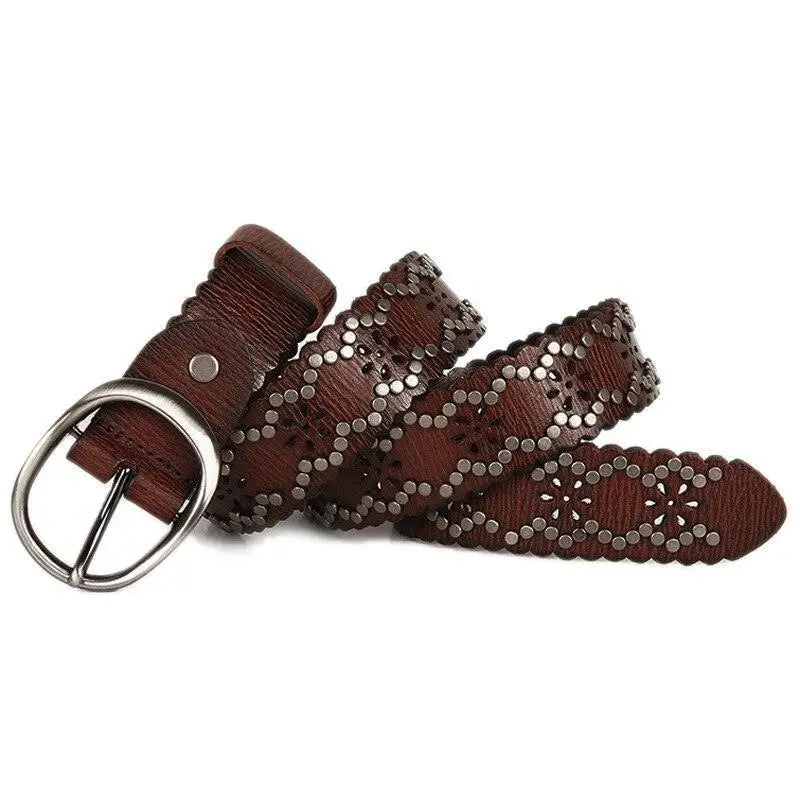 Elmyra Belt with Silver Studs and Scalloped Edges in Black and Brown Leather