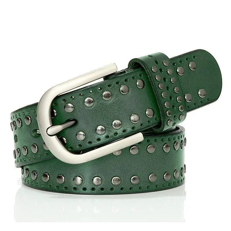 Green genuine leather studded belt with metal buckle for stylish men’s accessories