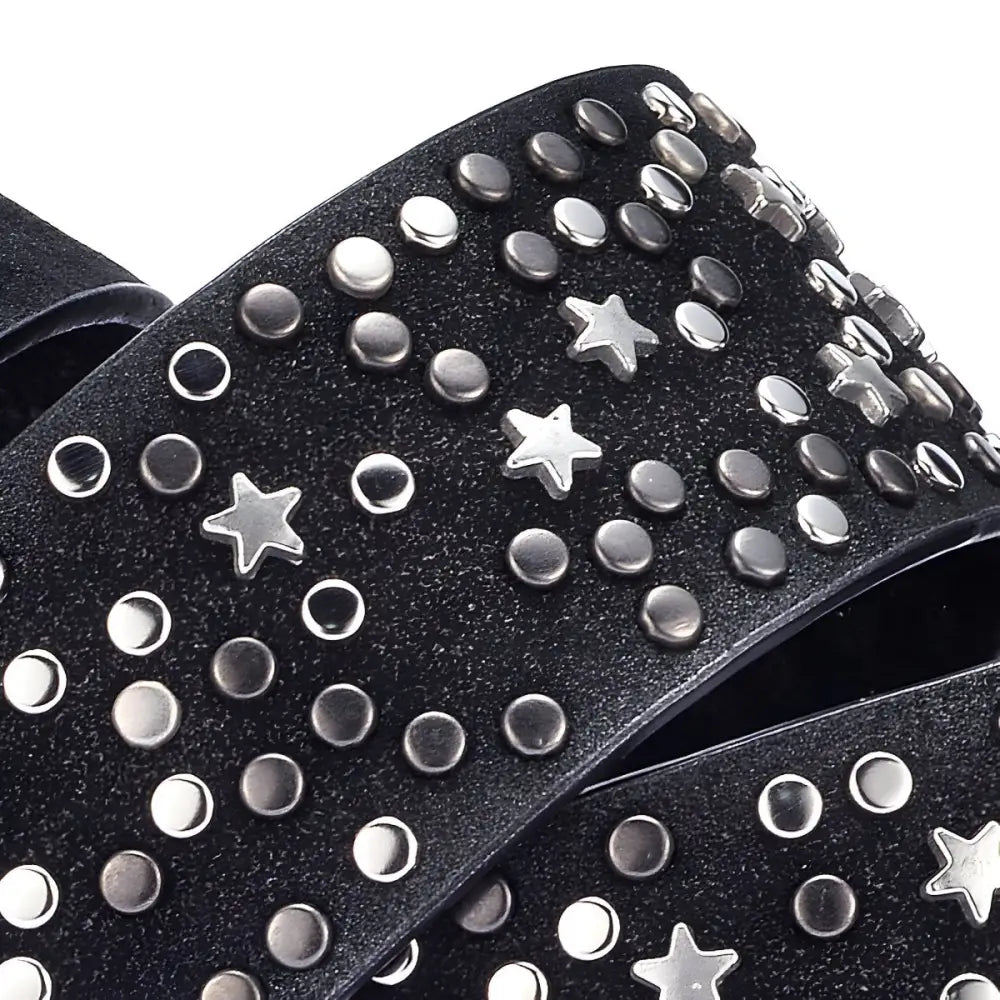 Black studded sandal straps from Verrona Studded Belt Collection with silver buckle
