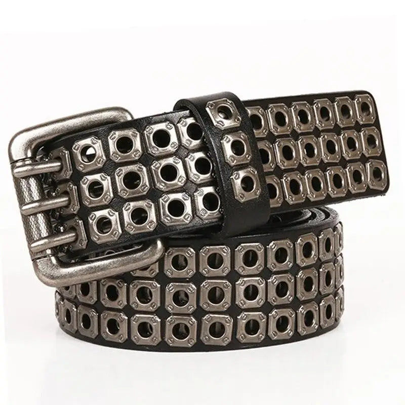 Black leather belt with metal grommets from Studded Leather Belt for Casual Outfit Enhancement
