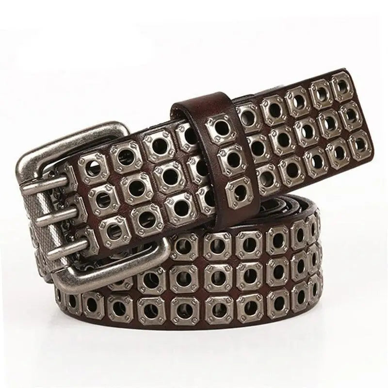 Brown leather belt with metal grommets and buckle for casual outfit enhancement