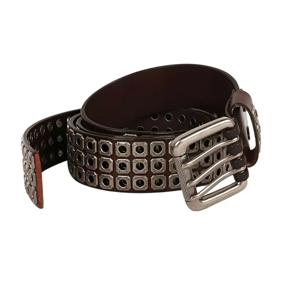 Brown leather belt with silver square grommets and buckle for casual style enhancement