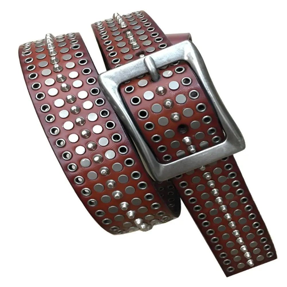 Genuine leather studded belt with silver buckle for a stylish and durable look