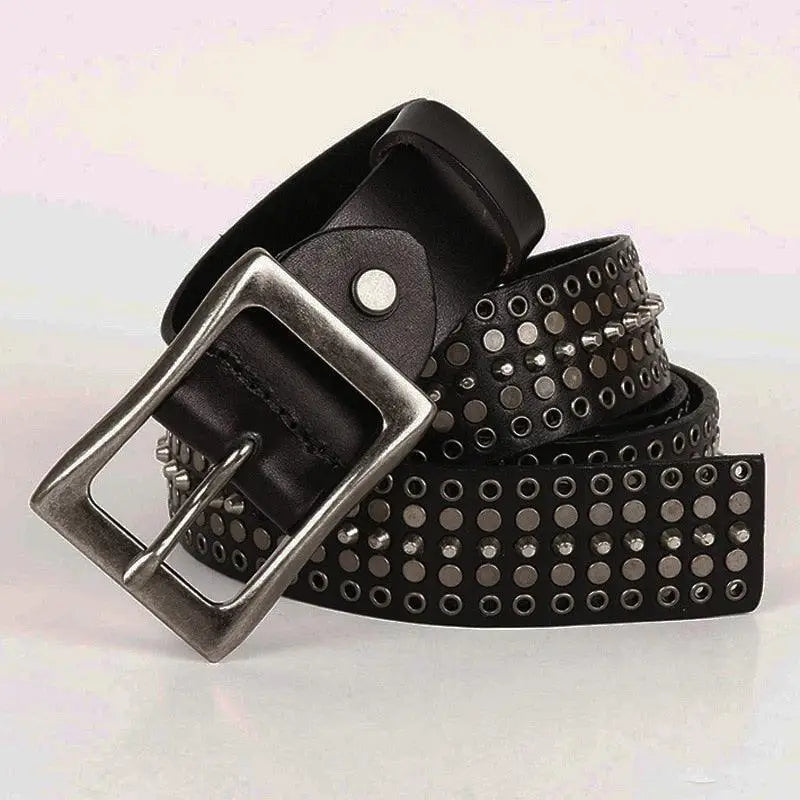 Black studded leather belt made from genuine leather for a stylish durable look