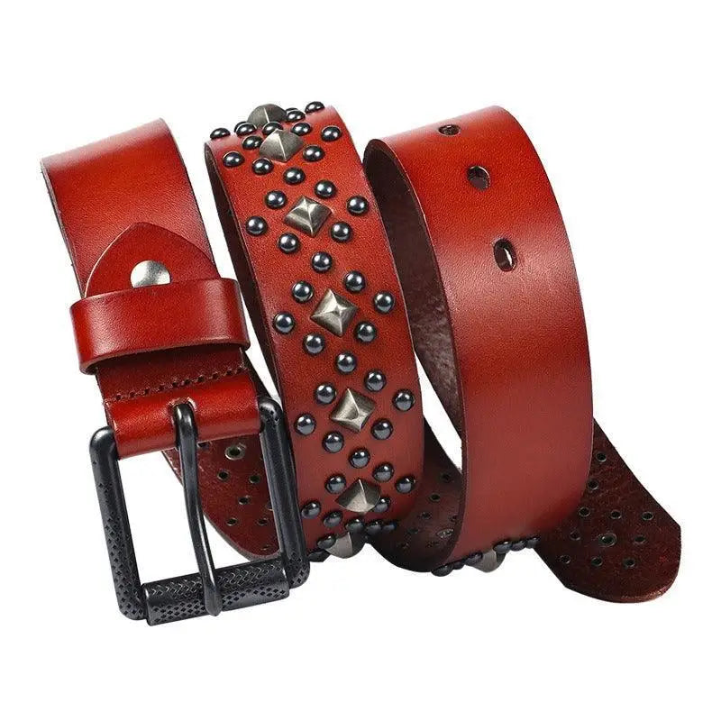 Red leather studded belt from Kloeada Studded Belt Collection in black leather
