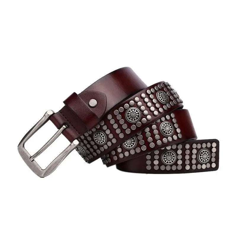 Studded brown leather belt for Makan Model with metal buckles, stylish and durable
