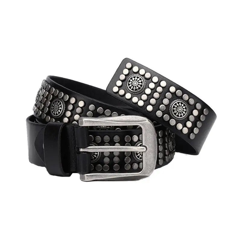 Black leather studded belt for Makan Model with metal buckles, stylish and durable accessory