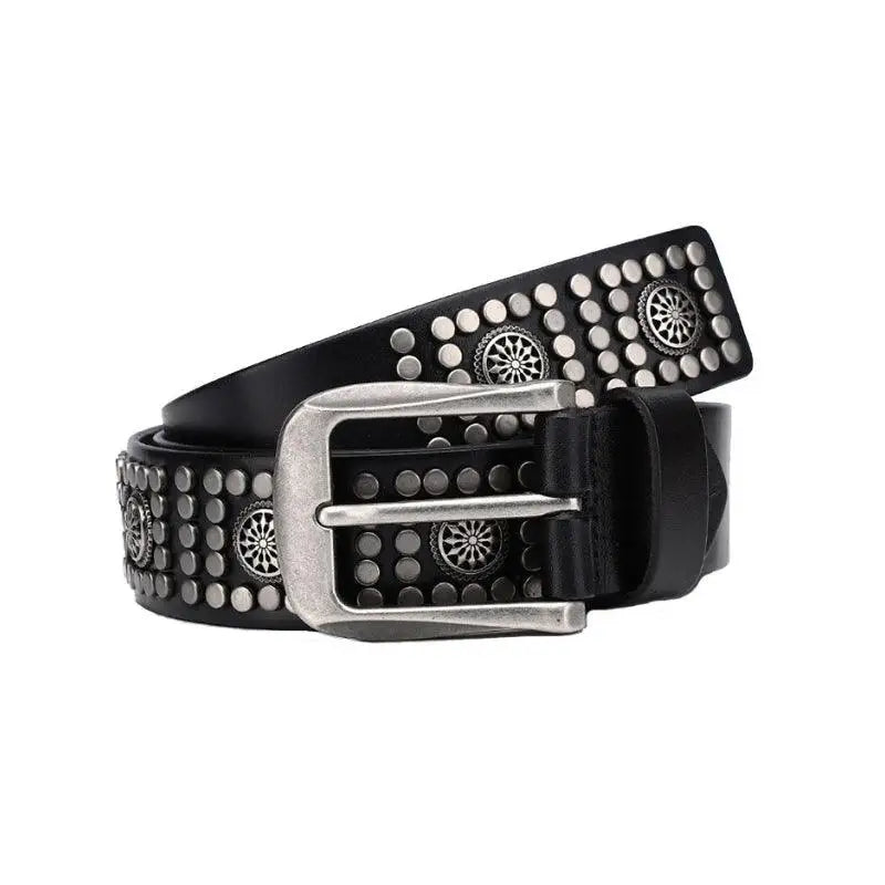 Black leather studded belt with metal buckles for Makan Model fashion accessory