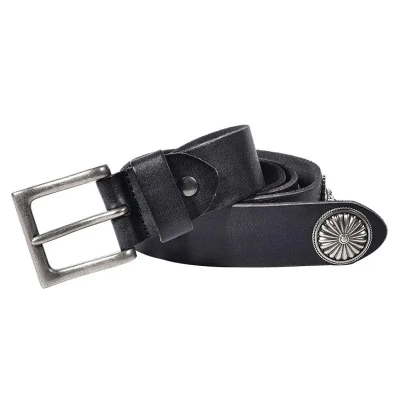 Aged leather belt with silver buckle and decorative end from Aged Leather Belts collection