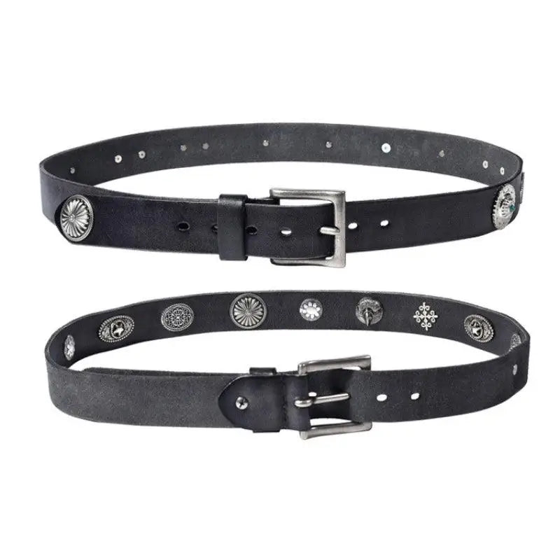 Aged leather belts with silver conchos and studded detailing featuring silver buckles