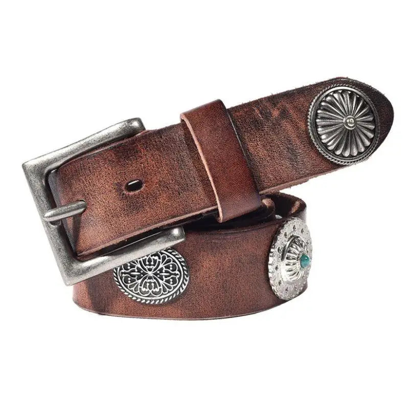 Aged Leather Belt with Silver Conchos and Studded Detailing for Western Style Wear
