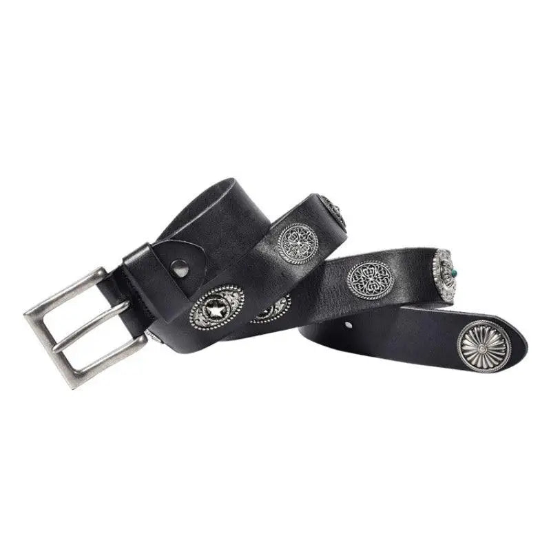 Aged Leather Belt with Silver Conchos and Studded Detailing for stylish accessories