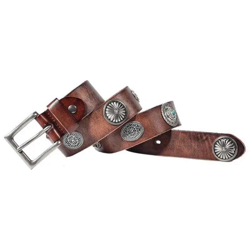 Aged leather belt with silver medallions and conchos for stylish Western wear