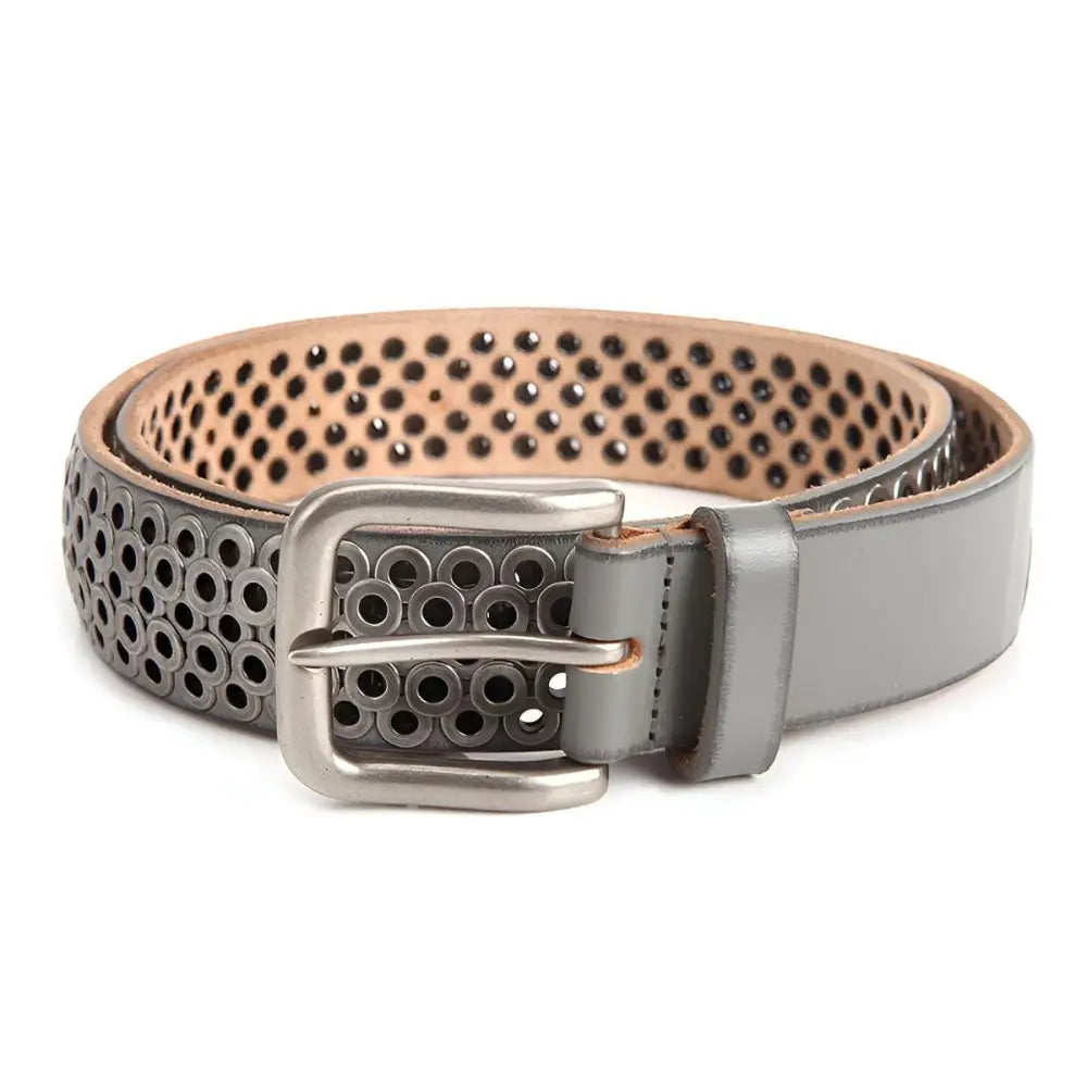Gray leather belt with circular perforations, silver metal rings, and buckle for stylish wear