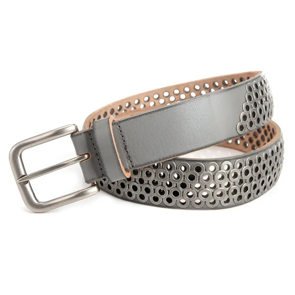 Gray Leather Belt with Silver Metal Buckle and Grommets for Stylish Men’s Fashion