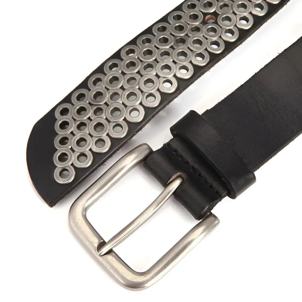Black leather belt with silver rings and buckle for stylish fashion accessories