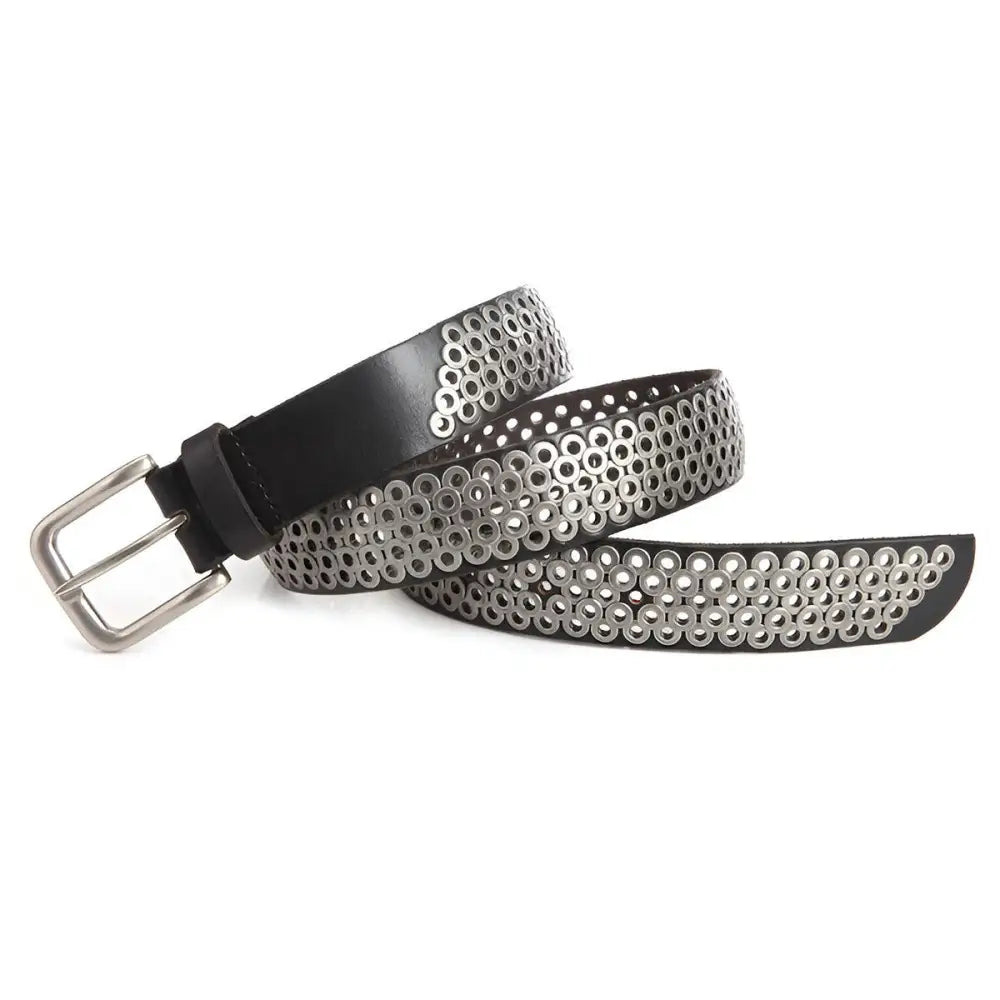 Black leather belt with silver metal rings and buckle for stylish accessories
