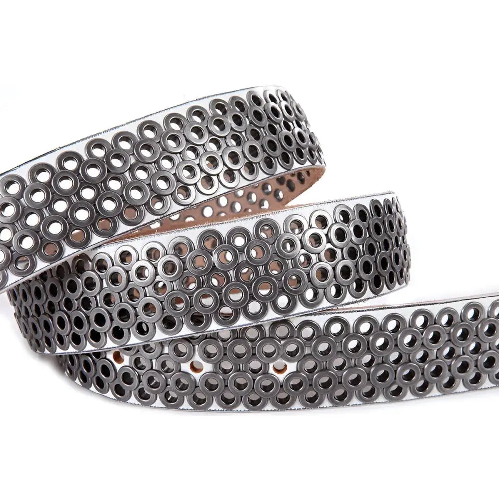 White belt featuring metal eyelets designed for stylish black leather belt with silver rings